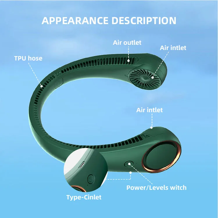 ChillCollar appearance diagram showing air outlet, air inlet, TPU hose, USB-C inlet, and power switch